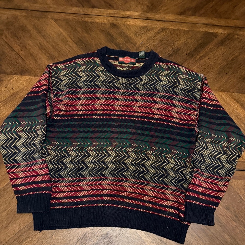 Stone Haven Mens Vintage Geometric Zig Zag Knit Sweater Navy Red Green Large
